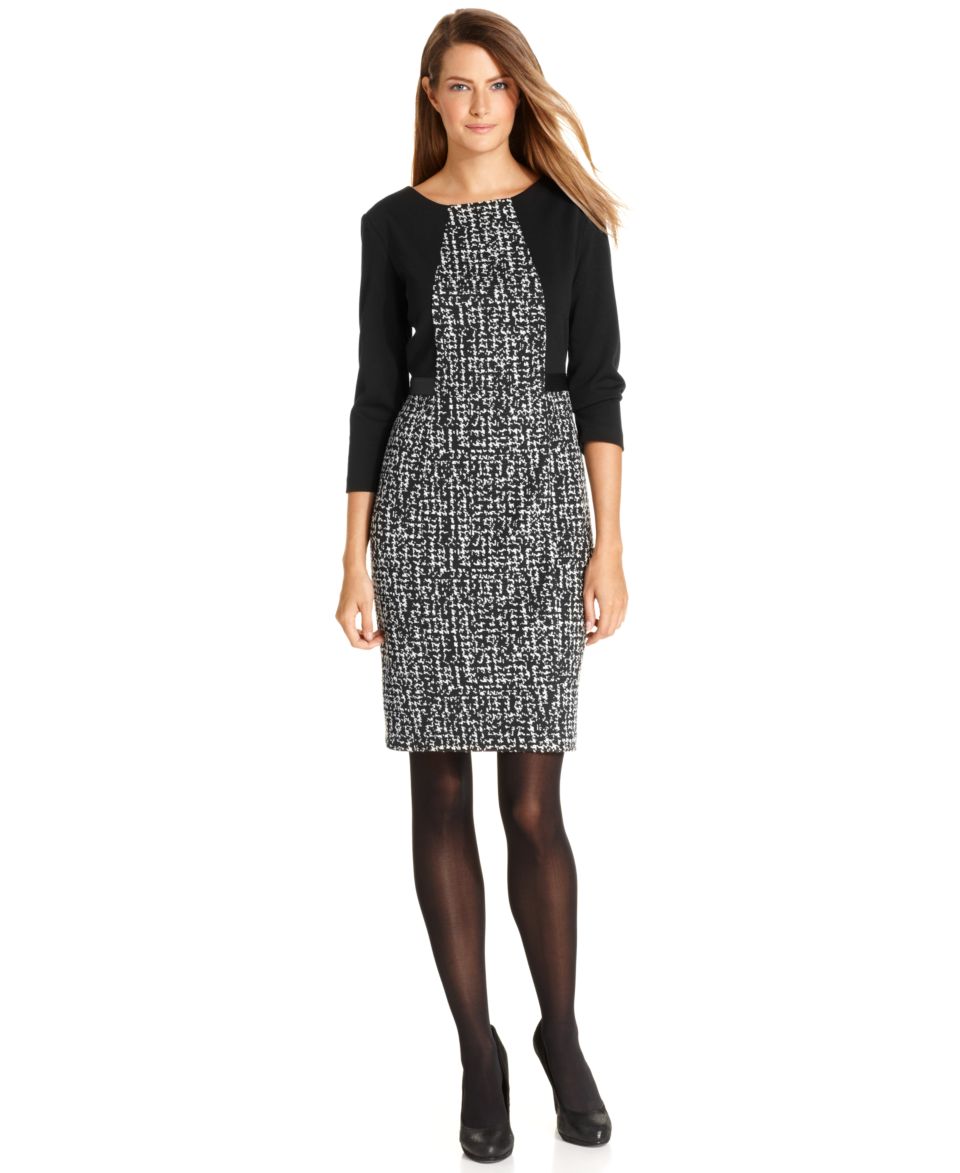 Calvin Klein Dress, Three Quarter Sleeve Tweed Faux Leather Trim