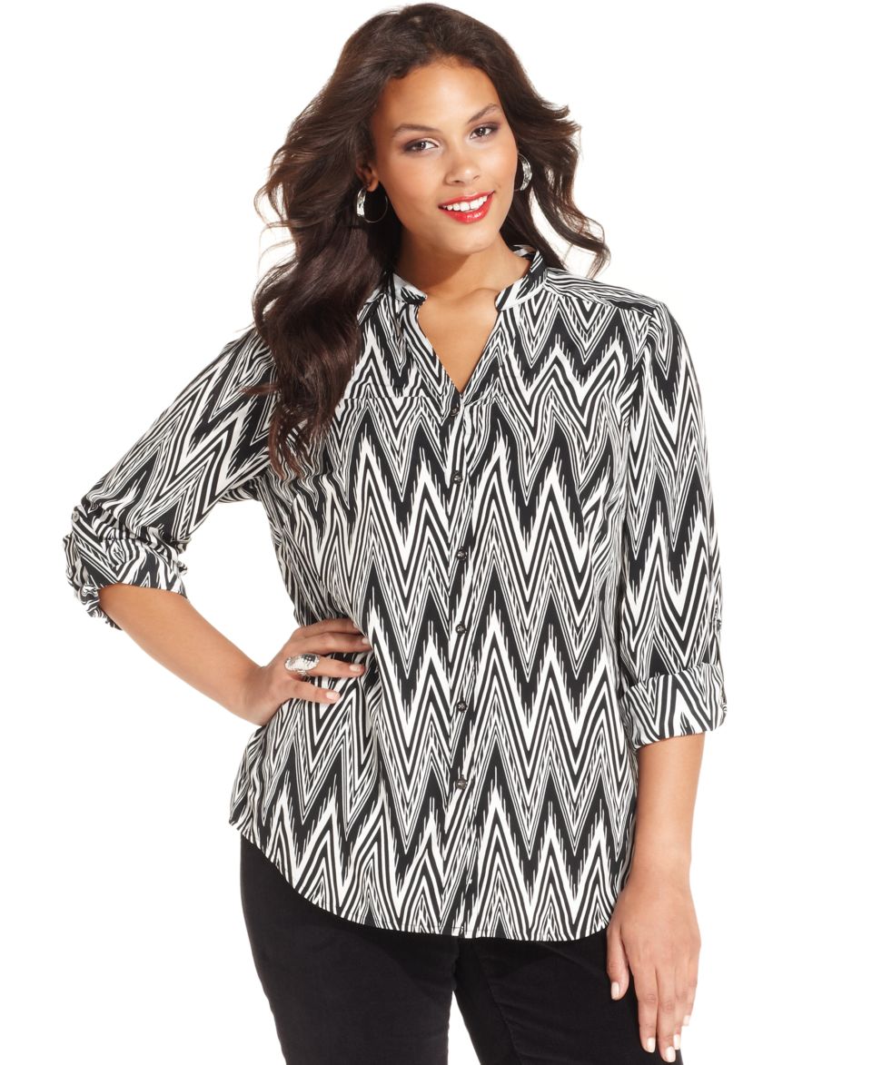 Alfani Plus Size Top, Three Quarter Sleeve Printed Smocked Waist