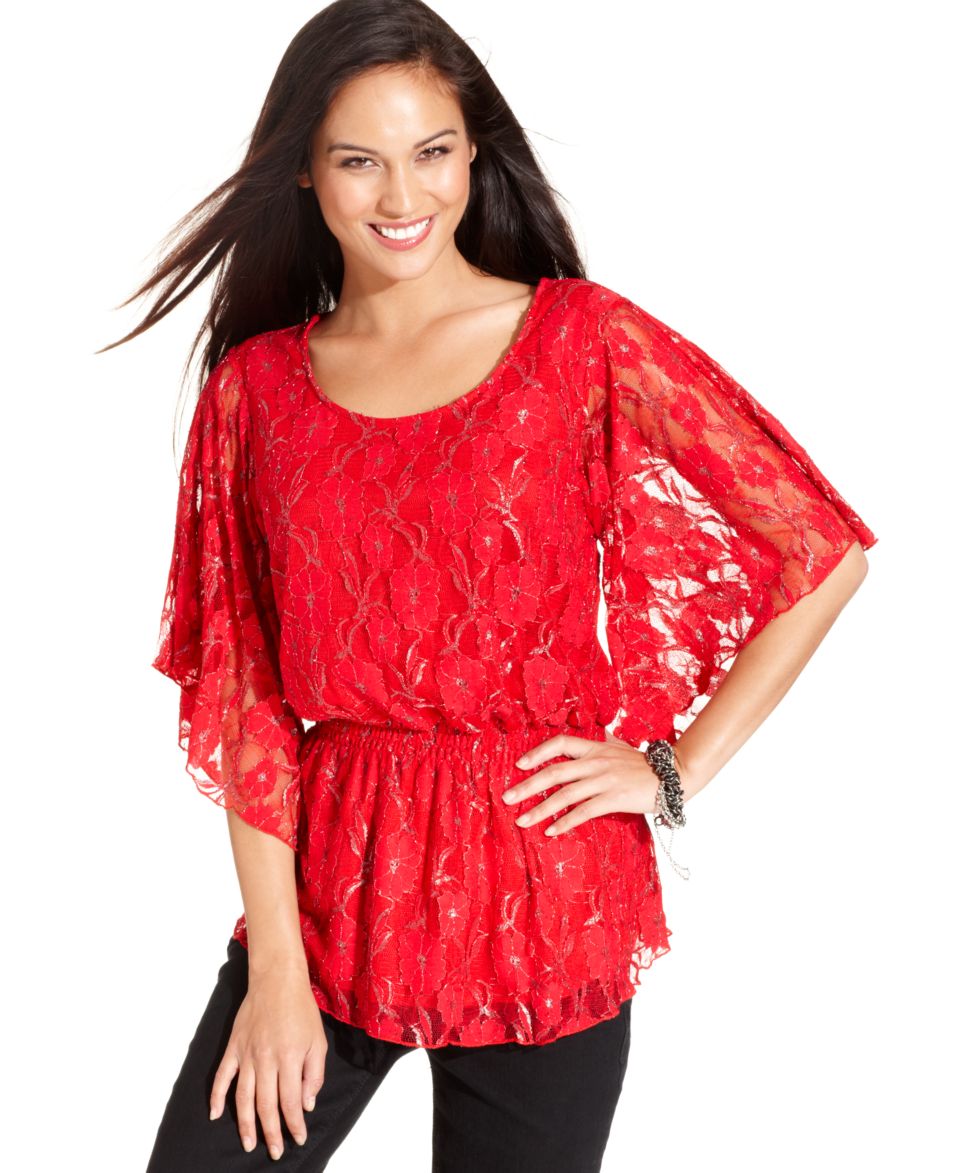 Style&co. Top, Batwing Sleeve Metallic Sheer Lace Blouson   Womens