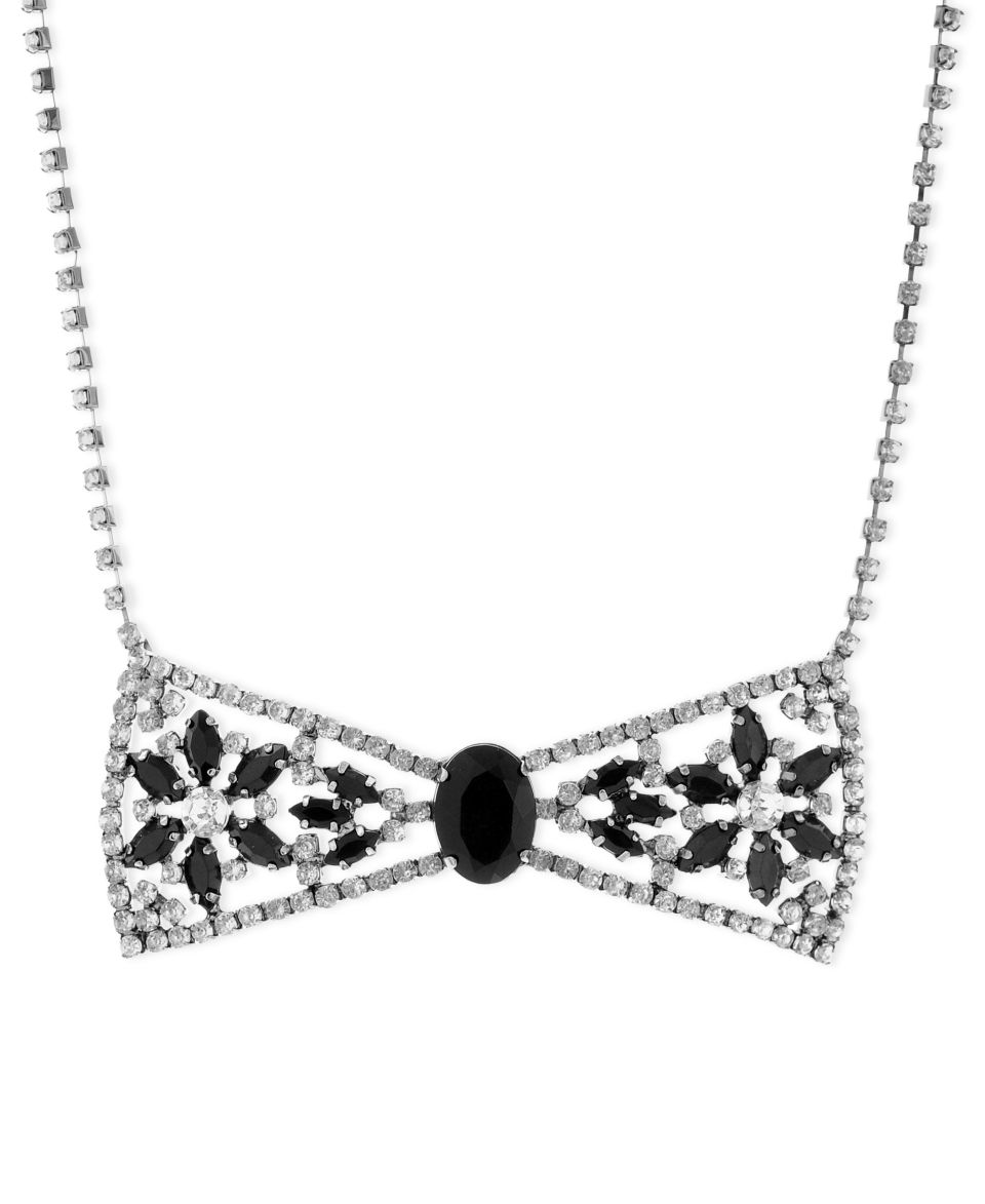 Betsey Johnson Necklace, Hematite Tone Crystal Bow Pendant