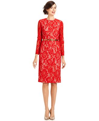 Maggy London Dress, Three-Quarter-Sleeve Belted Lace - Dresses - Women ...
