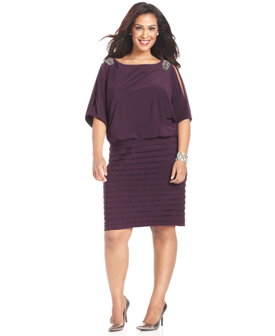 Xscape Plus Size Dress, Short Split Sleeve Pleated Beaded Blouson