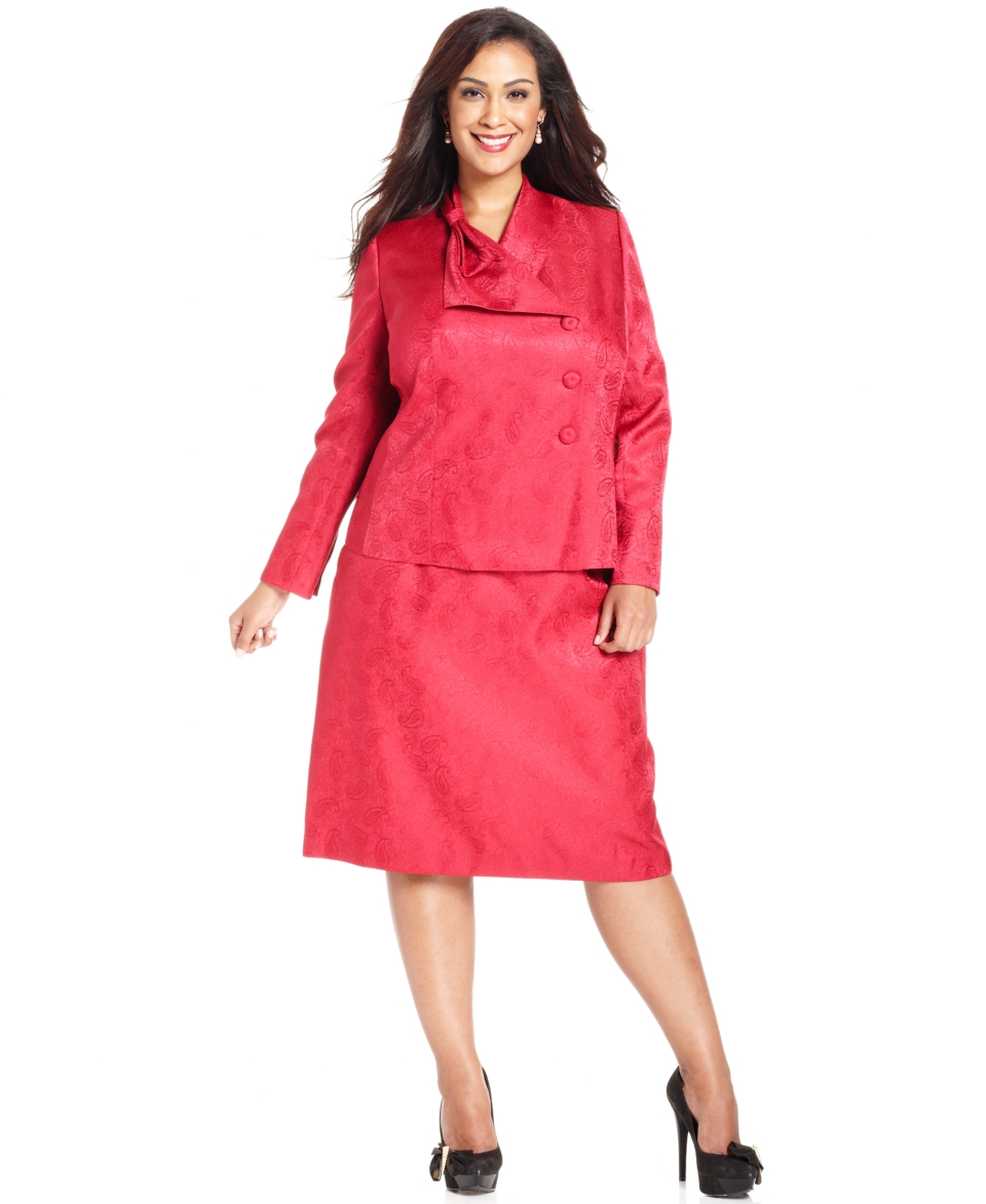 Le Suit Plus Size Suit, Bow Collar Jacquard Jacket & Skirt   Plus Size