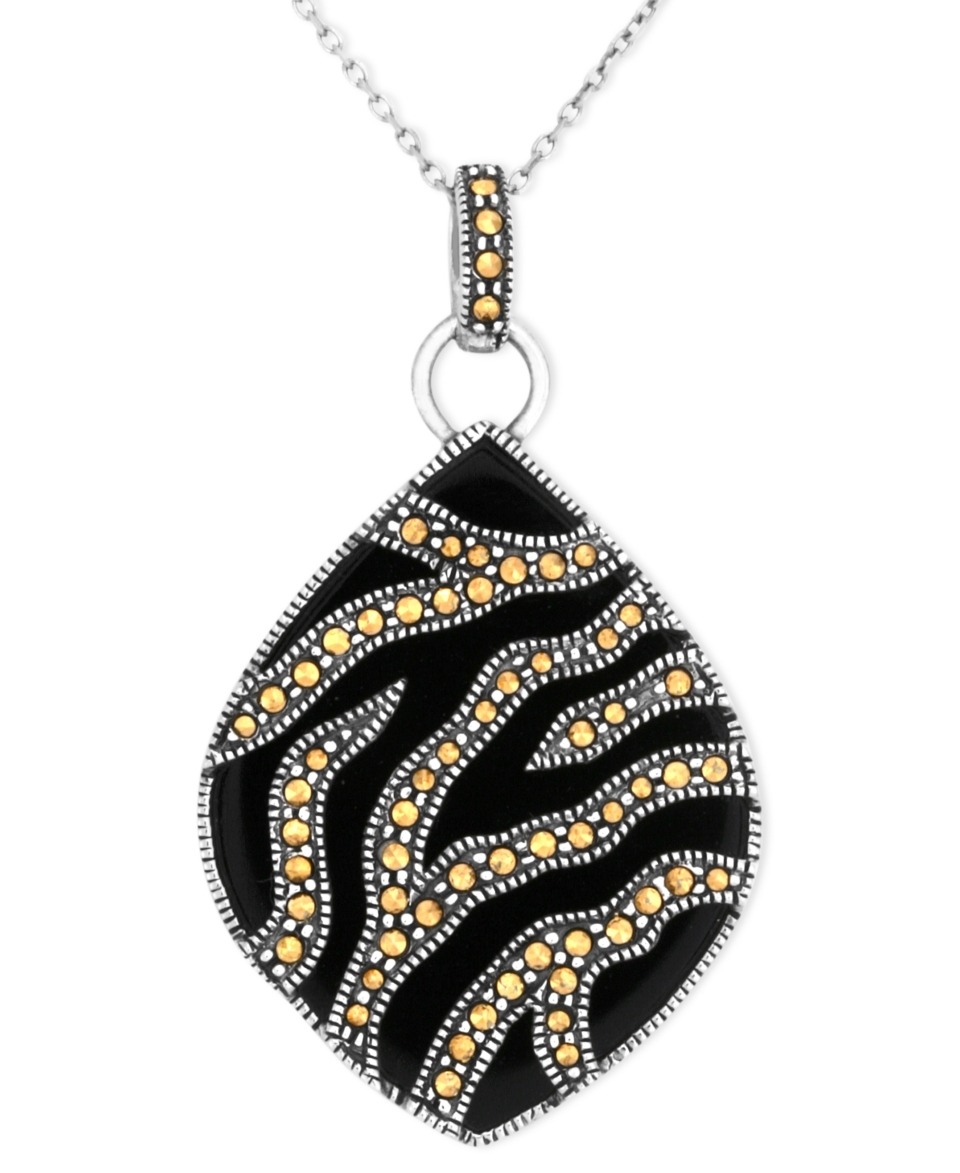 Genevieve & Grace Sterling Silver Necklace, Gold Marcasite and Onyx (9 1/2 ct. t.w.) Pear Shaped Pendant   Necklaces   Jewelry & Watches
