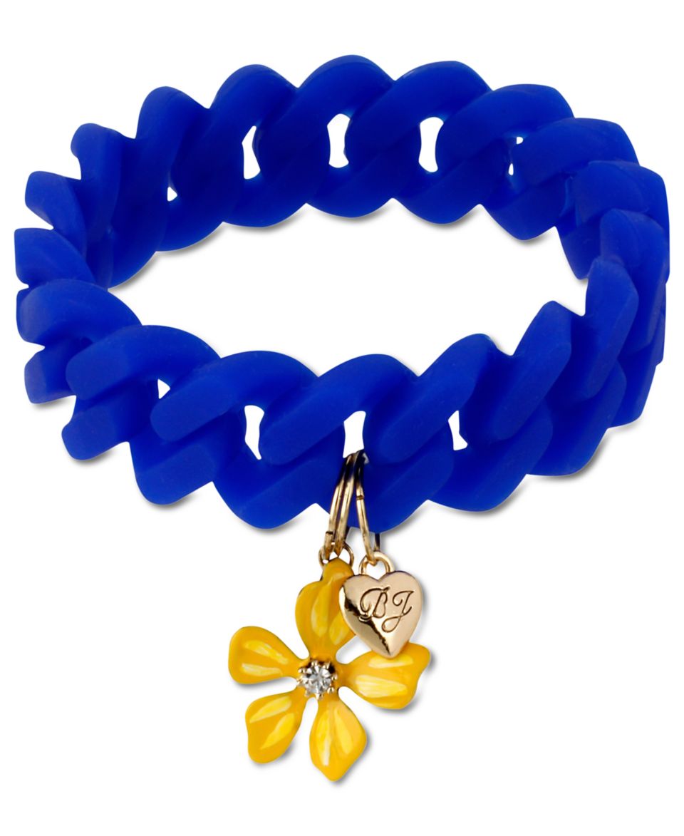 Betsey Johnson Bracelet, Gold Tone Blue Rubber Flower Charm Stretch