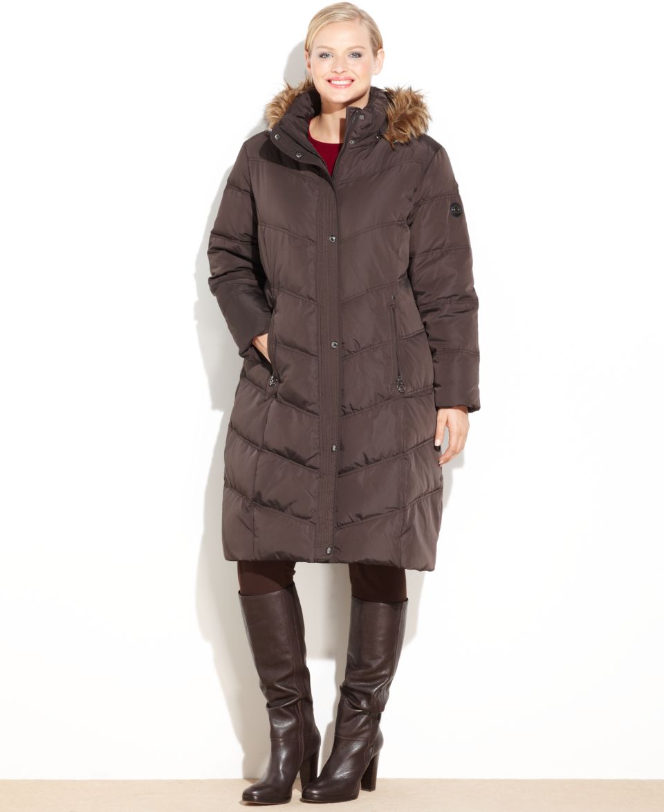 Calvin Klein Plus Size Coat, Faux Fur Trim Hooded Puffer   Coats   Women