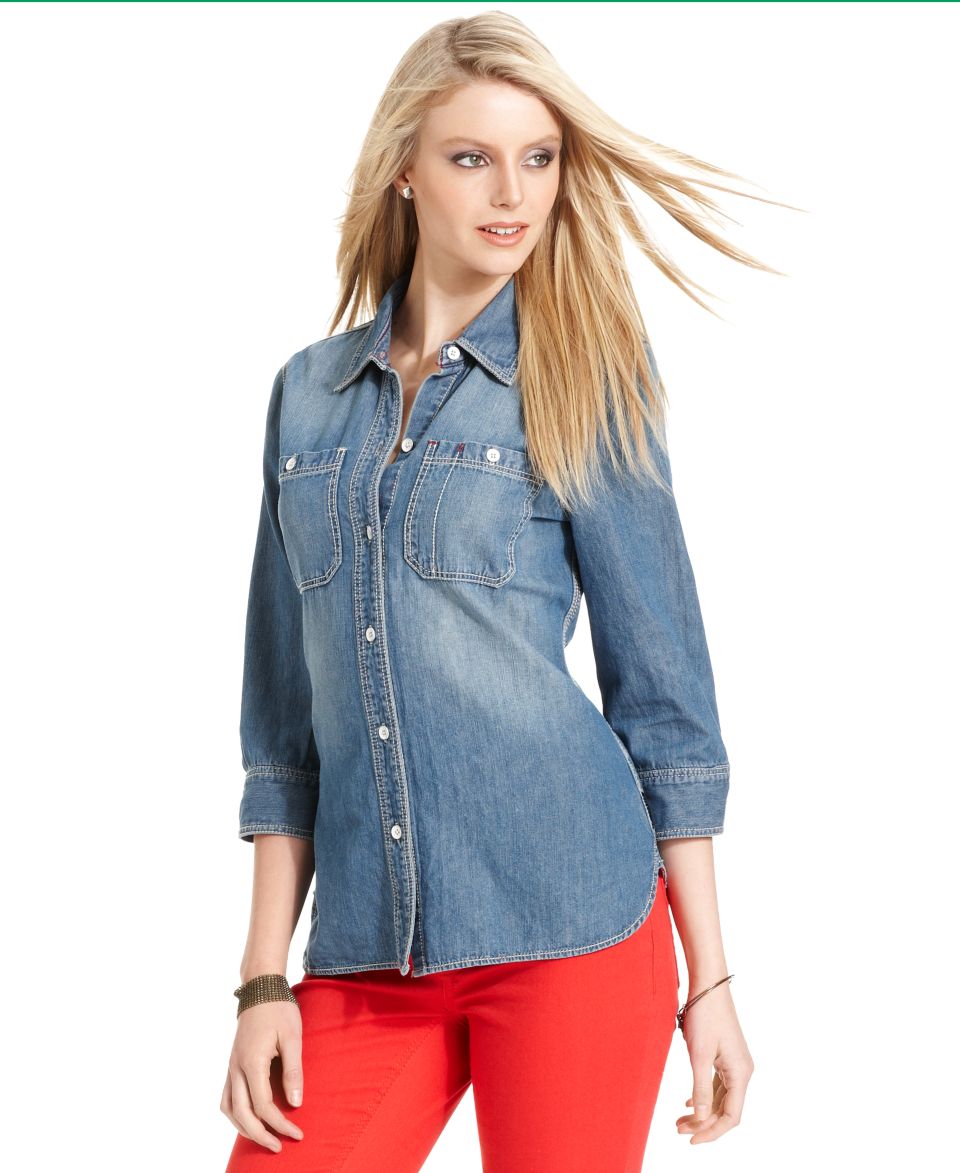 DKNY Jeans Petite Top, Three Quarter Sleeve Denim Shirt   Womens