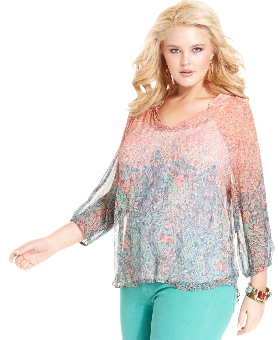 Lucky Brand Jeans Plus Size Top, Three Quarter Sleeve Printed Sheer