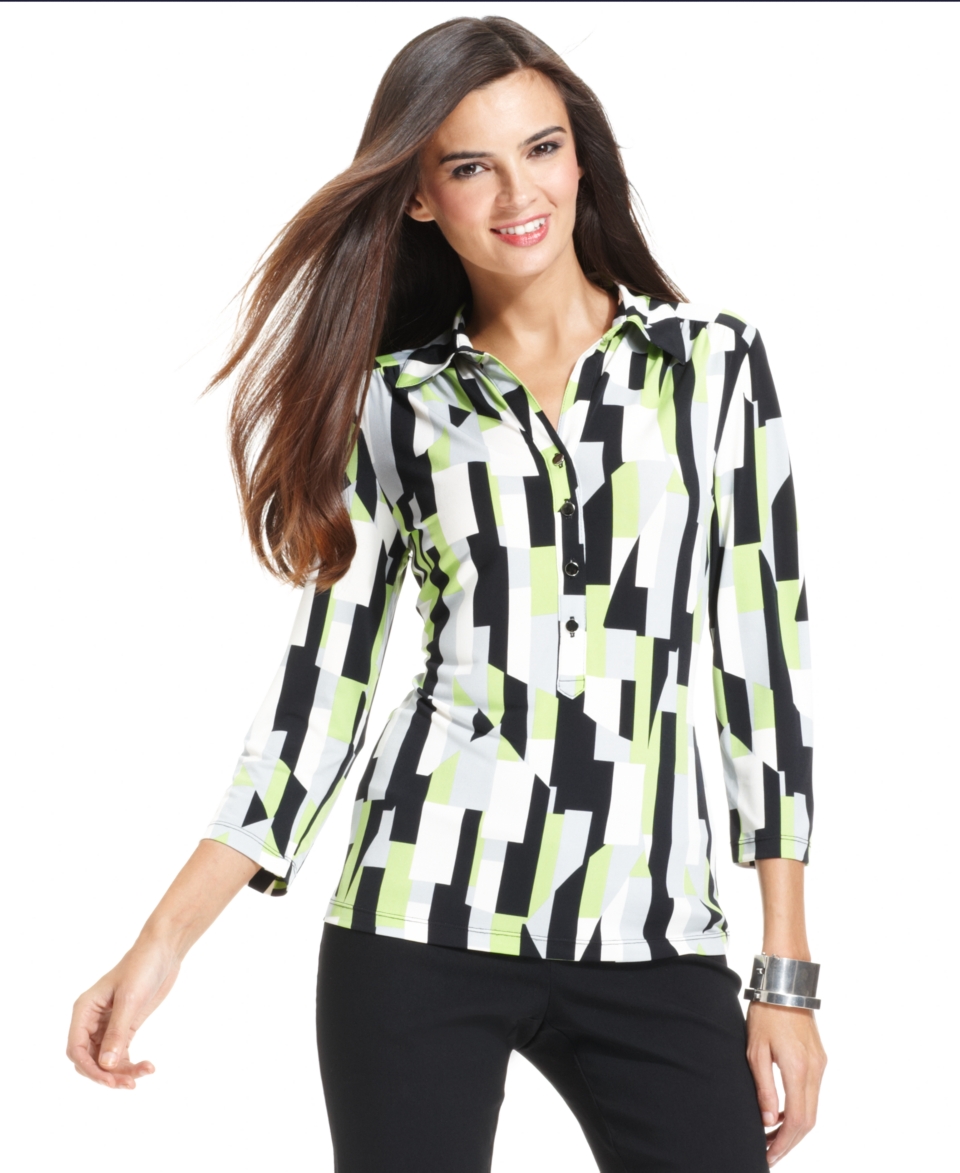 Alfani Top, Three Quarter Sleeve Smocked Printed