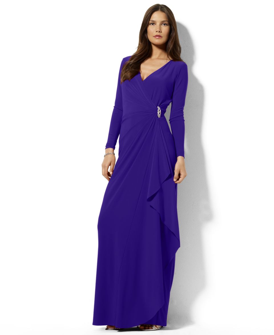 Lauren Ralph Lauren Petite Dress, Long Sleeve Draped Jersey Gown   Dresses   Women