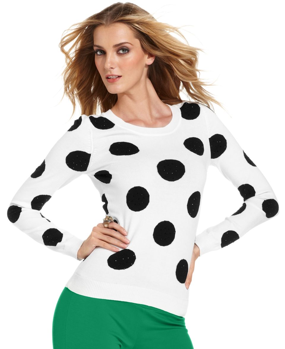 INC International Concepts Petite Sweater, Long Sleeve Studded Polka