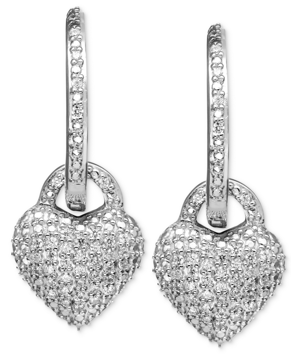 Diamond Earrings, Sterling Silver Diamond Heart Charm Hoop Earrings (1/4 ct. t.w.)   Earrings   Jewelry & Watches