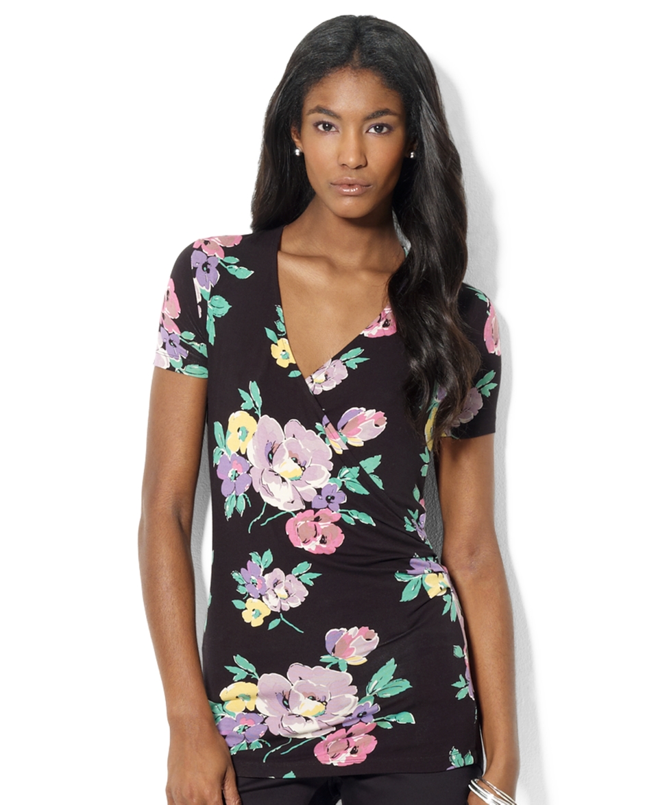 Lauren Ralph Lauren Petite Top, Short Sleeve Floral Print V Neck