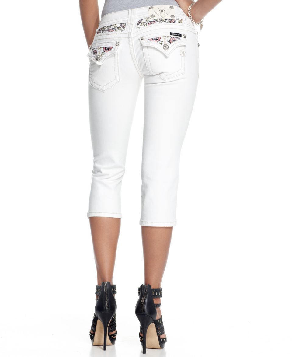 Miss Me Jeans, White Wash Cropped Floral Print Rhinestone   Jeans