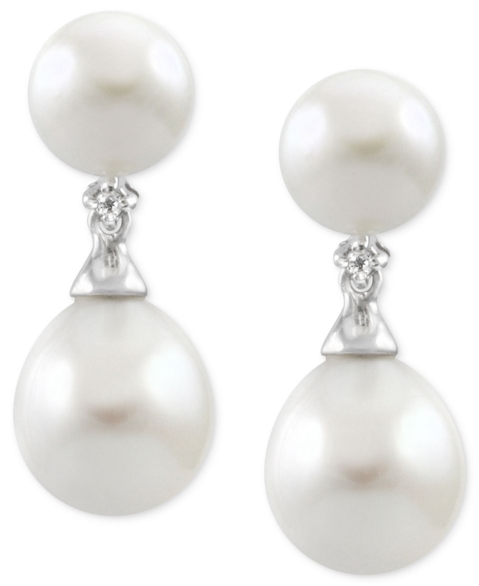 10k White Gold Earrings, Cultured Freshwater Pearl (6 1/2mm) and Diamond Accent Drop Earrings   Earrings   Jewelry & Watches