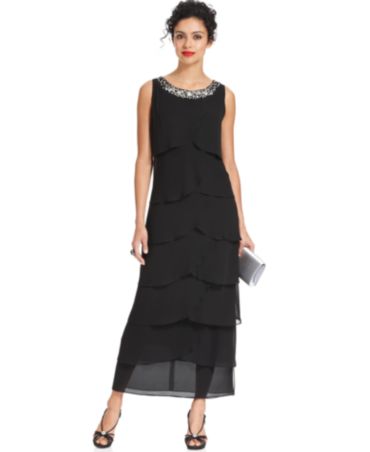 R&M Richards Petite Sleeveless Bead-Trim Tiered Dress - Dresses - Women ...
