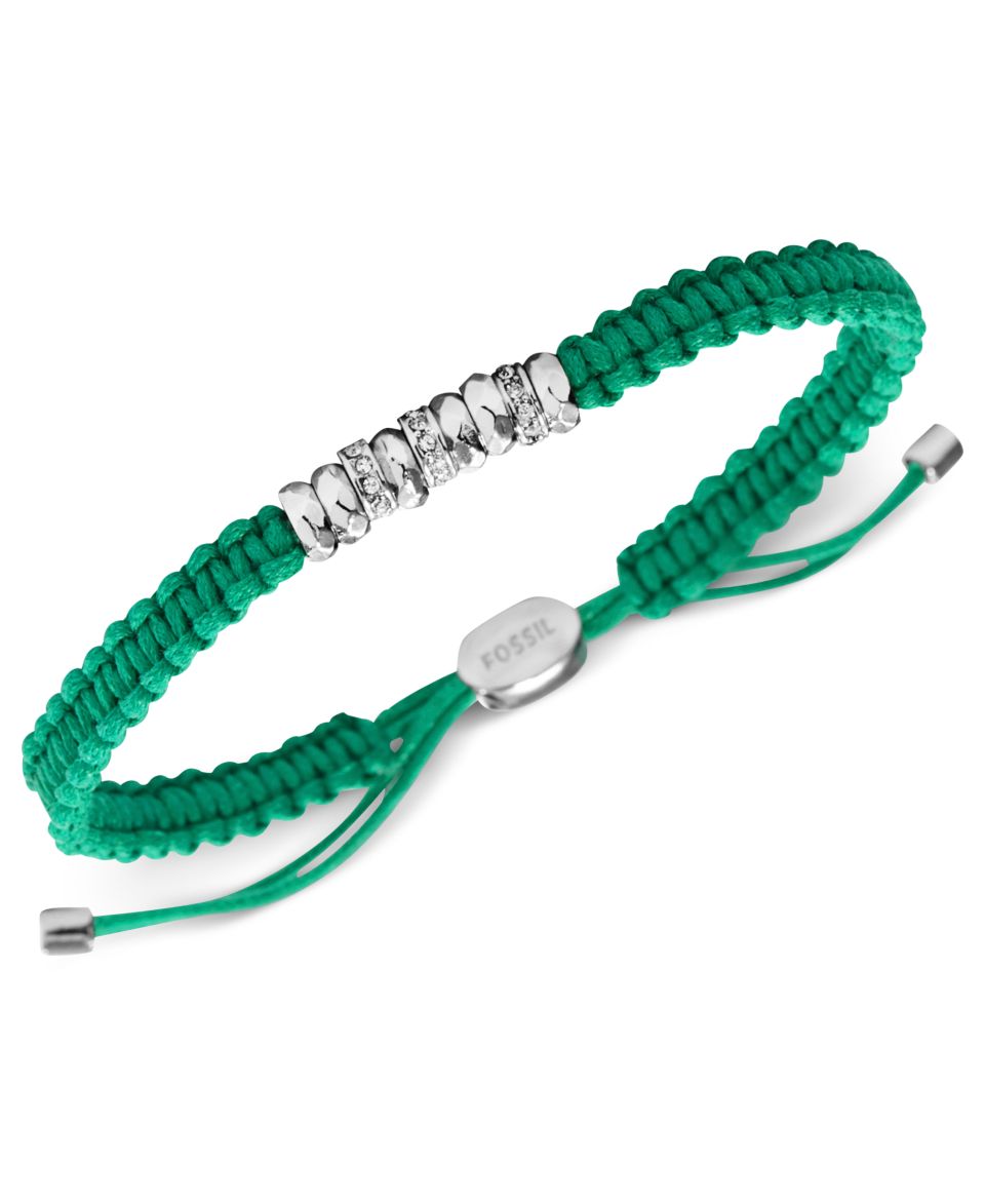 Fossil Bracelet, Silver Tone Green Macrame Rondelle Adjustable