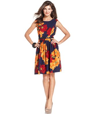 Ellen Tracy Dress, Cap-Sleeve Floral-Print Belted A-Line - Dresses ...