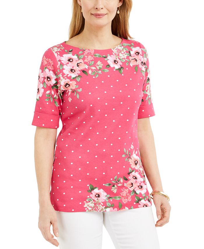 Karen Scott Petite MixedPrint BoatNeck Top, Created for Macy's