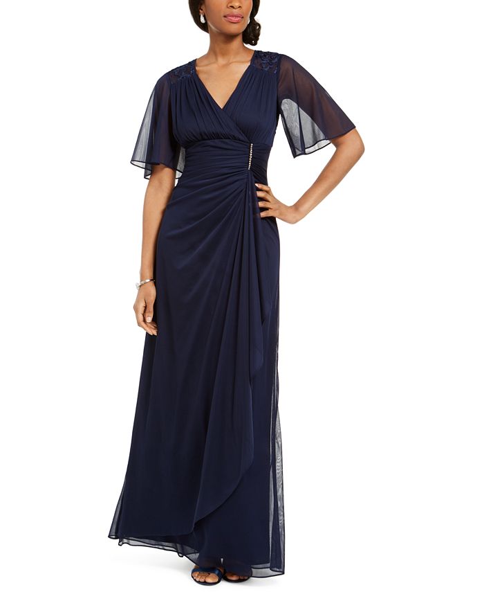 betsy and adam ruffled v neck gown