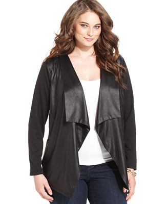 Style&co. Plus Size Long-Sleeve Faux-Leather Draped Cardigan - Sweaters ...
