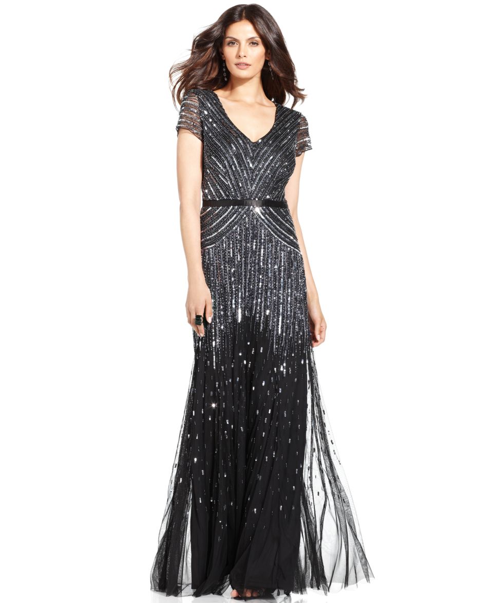 Adrianna Papell Cap Sleeve Beaded Sequined Gown   Dresses   Women
