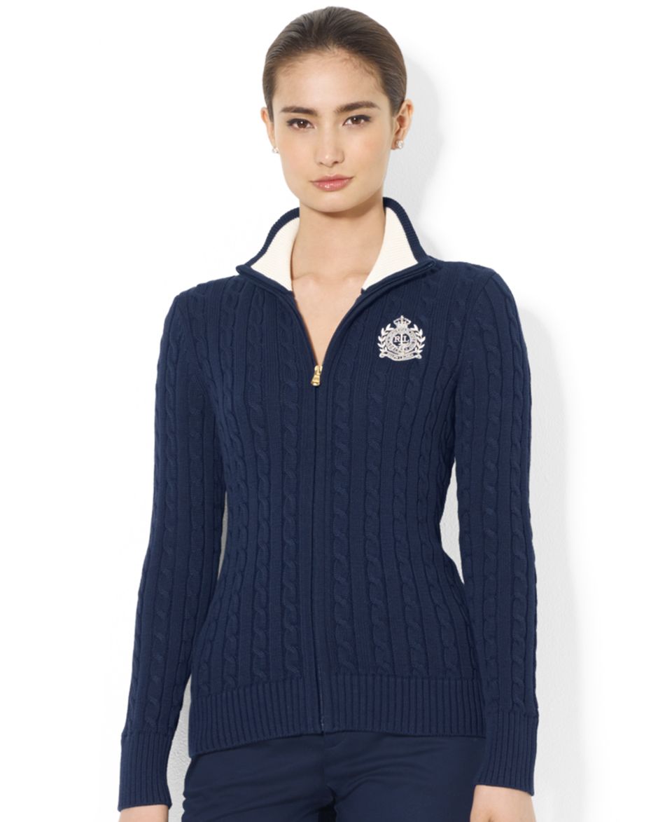 Lauren Ralph Lauren Sweater, Long Sleeve Cable Knit Zippered Cardigan   Sweaters   Women
