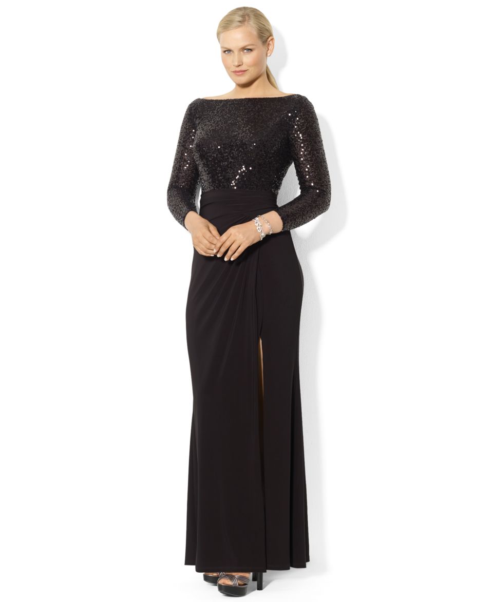 Lauren Ralph Lauren Plus Size Long Sleeve Sequined Gown   Dresses   Plus Sizes