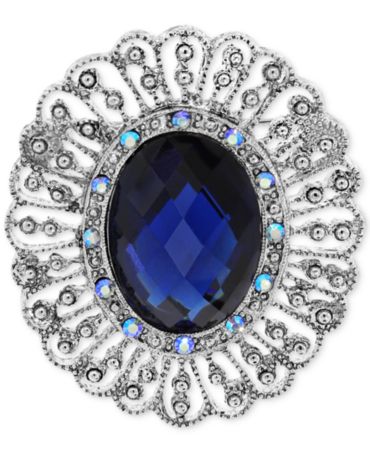 2028 Silver-Tone Blue Stone Oval Brooch Pin - Jewelry & Watches - Macy's