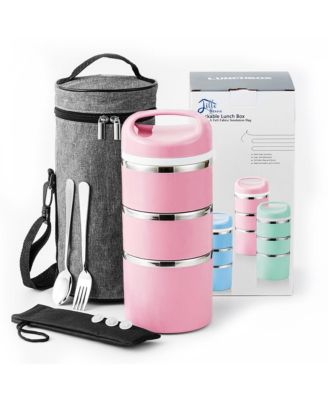 Ланч-бокс с выдвижным отделением и пакетом для ланча, Набор столовых приборов, Розовый