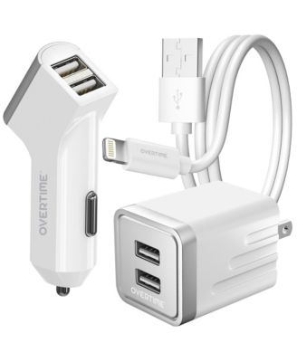 Сертифицированный Apple MFi комплект для зарядки iPhone Overtime из 3 предметов для дома, офиса и автомобиля | Включает в себя 4-футовый кабель для зарядки - Белый