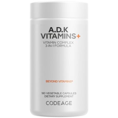 Витамины Codeage ADK - запас на 6 месяцев - Витамины A, D3 по 5000 МЕ, витамины K1 и K2 (MK7 и MK4) - 180 капсул белого цвета