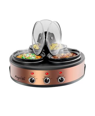 Круглая трехместная мультиварка MegaChef объемом 1,5 литра и сервировочный столик для шведского стола из матовой меди с черной отделкой, 3 керамическими кастрюлями и съемными подставками для крышек
