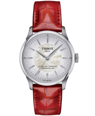 Женские швейцарские автоматические часы Tissot Chemin des Tourelles Powermatic 80 с красным кожаным ремешком 34 мм