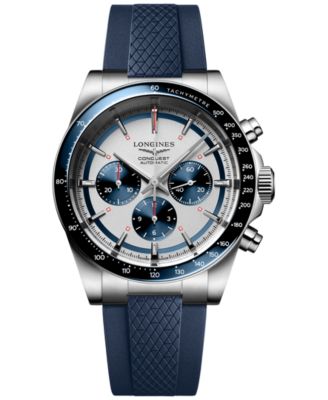 Мужские швейцарские часы с автоматическим хронографом Longines Conquest на синем каучуковом ремешке диаметром 42 мм
