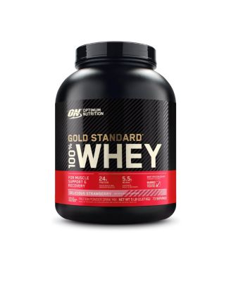 Optimum Nutrition, 100% сывороточный протеиновый порошок золотого стандарта, Вкусная клубника, 5 фунтов, 73 порции черного цвета