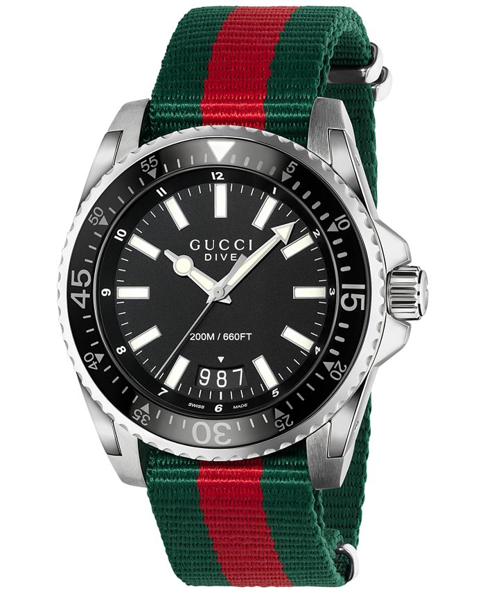 Gucci Men's Swiss Dive Red and Green Nylon Strap Watch 45mm YA136206 ...