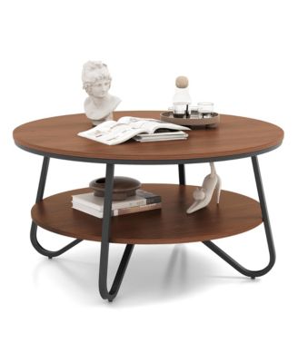 Двухъярусный журнальный столик Costway с массивным металлическим каркасом из массива дерева