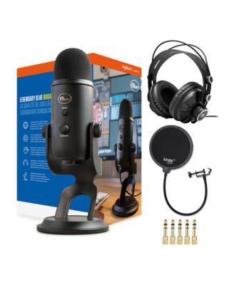 Синий USB-микрофон Yeti (затемненный) с наушниками Knox Gear и поп-фильтром белого цвета