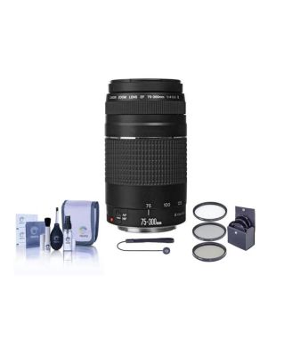 Объектив Canon EF 75-300 мм f/4-5.6 III, Комплект с УФ-фильтром ProOptic 58 мм MC, фиксатор крышки объектива, Профессиональный набор для чистки объективов черного цвета
