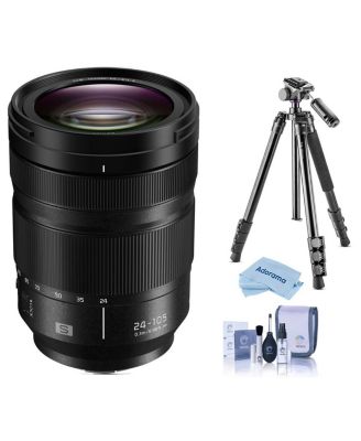 Объектив Panasonic LUMIX S 24-105mm f/4 O.I.S. с L-образным креплением, в комплекте с трехсекционным алюминиевым штативом для видеосъемки Takama с жидкостной головкой, Набор для чистки, черный