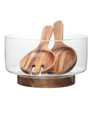 Набор больших стеклянных салатниц Gibson Home Wildgreens с основанием из дерева акации и сервировочными принадлежностями из дерева акации