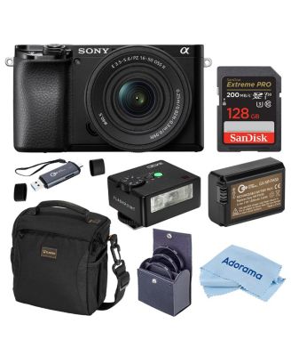 Беззеркальная камера Sony Alpha a6100 с объективом 16-50 мм f/3,5-5,6, мини-вспышкой iM30, картой памяти SDXC емкостью 128 ГБ и аккумулятором NP-FW50 черного цвета
