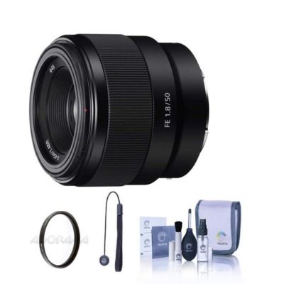 Объектив Sony FE 50mm f/1.8 для Sony E, Комплект с тонким УФ-фильтром 49 мм, набор для чистки, черный фиксатор крышки объектива