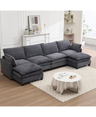 Streamdale Furniture Большой бархатный модульный диван U-образной формы с пуфиками и подушками серого цвета