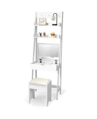 Туалетный столик с зеркалом с откидной крышкой, скрытыми отделениями для хранения вещей и мягким табуретом белого цвета