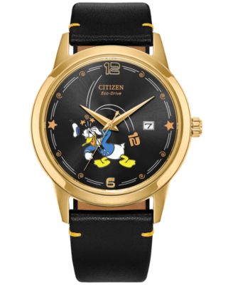Citizen Eco-Drive Мужские часы Disney Donald Duck Seeing Stars с черным кожаным ремешком, 40 мм, черные
