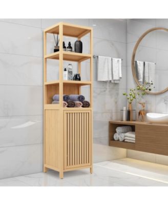 Высокий напольный шкафчик для ванной комнаты из натурального бамбука VANIRRO – 64,7 ”H Отдельно стоящая бельевая башня с 1 шкафом и 3 открытыми полками, органайзер для хранения вещей в ванной комнате