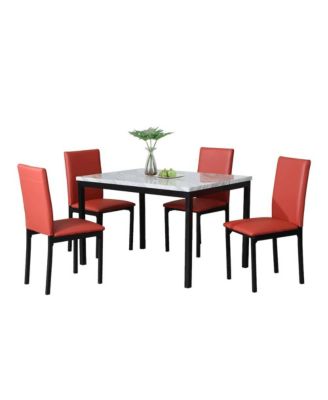 Обеденный гарнитур Roundhill Furniture Citico из 5 предметов со столешницей из искусственного мрамора, белым столом и красными стульями