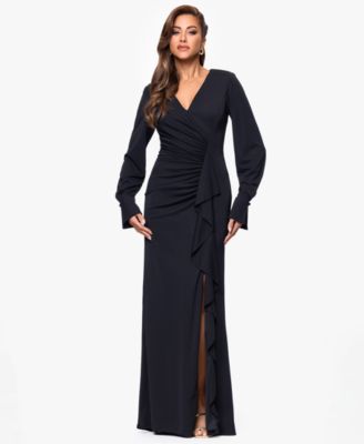 Женское трикотажное платье XSCAPE с длинным рукавом и разрезом по бокам, черное